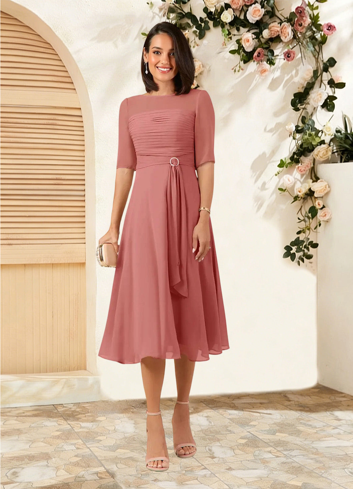 Augday Naomi A-Line Boatneck Pleated Chiffon Dress
