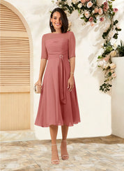 Augday Naomi A-Line Boatneck Pleated Chiffon Dress