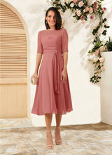 Augday Naomi A-Line Boatneck Pleated Chiffon Dress