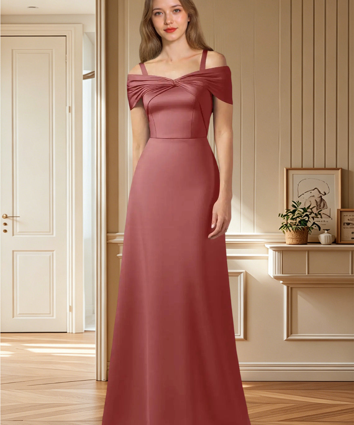Augday Amelia A-Line Off the Shoulder Stretch Satin Dress