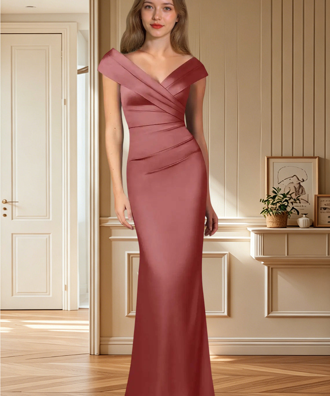 Augday Ludlow Mermaid Pleated Stretch Satin Dress