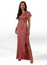 Augday Roya Mermaid V-Neck Pleated Stretch Satin Dress