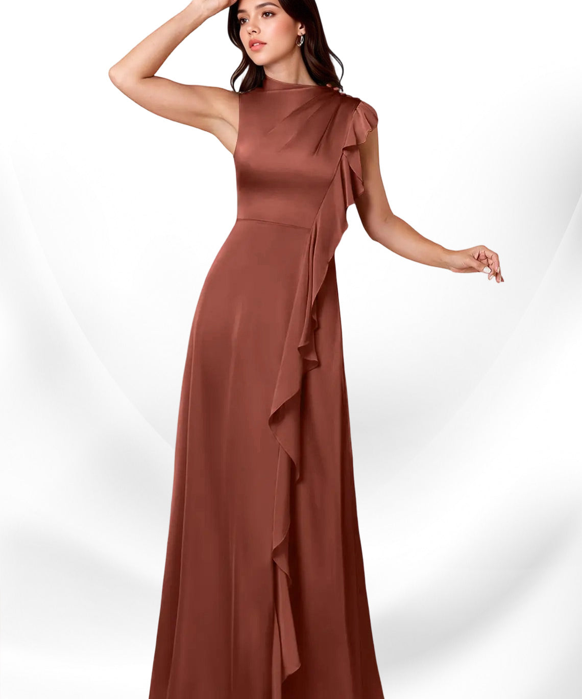 Augday Narine A-Line High Neckline Pleated Stretch Satin Dress