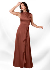Augday Narine A-Line High Neckline Pleated Stretch Satin Dress