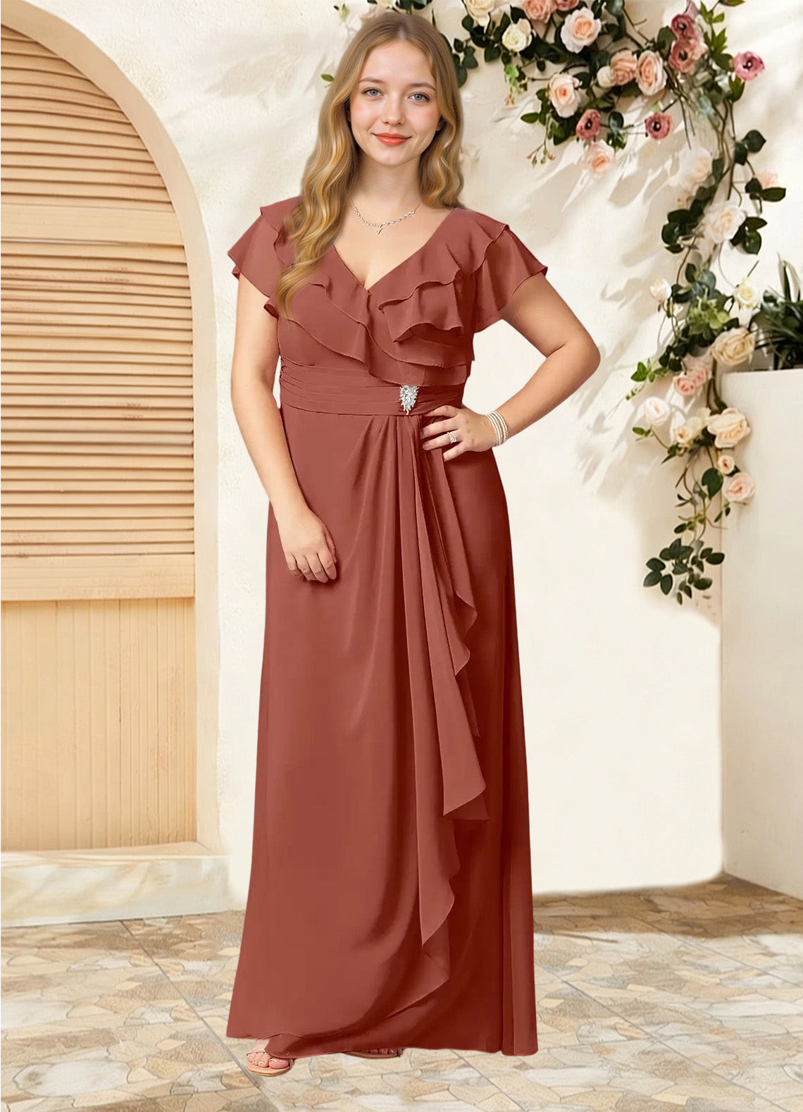 Augday Snapdragon A-Line V-Neck Ruched Chiffon Dress