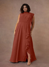 Augday A-Line High Neckline Pleated Chiffon Dress Plus Size