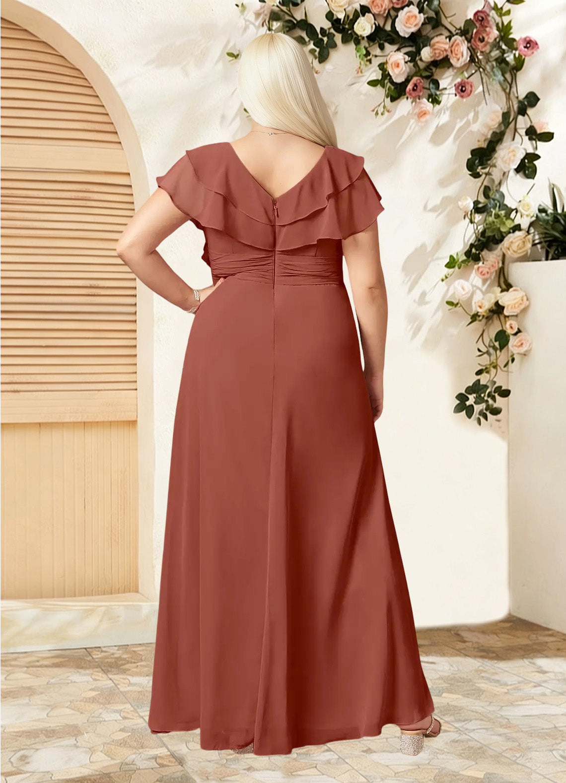 Augday Snapdragon A-Line V-Neck Ruched Chiffon Dress