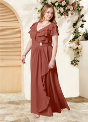 Augday Snapdragon A-Line V-Neck Ruched Chiffon Dress