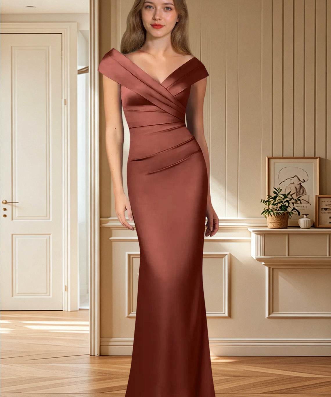 Augday Ludlow Mermaid Pleated Stretch Satin Dress