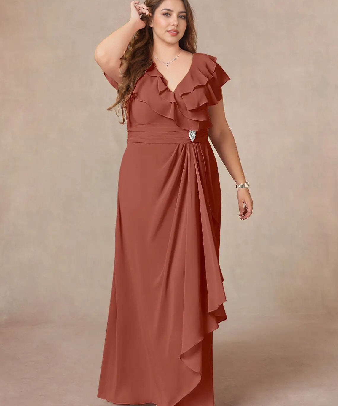 Augday A-Line V-Neck Ruched Chiffon Dress Plus Size