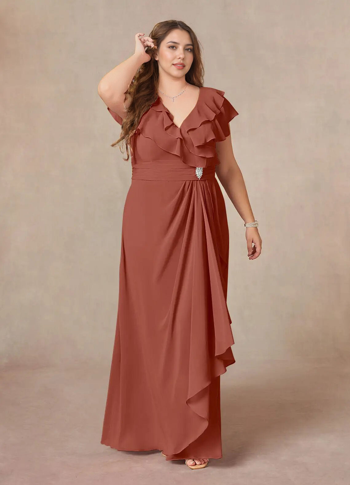 Augday A-Line V-Neck Ruched Chiffon Dress Plus Size