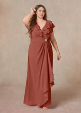 Augday A-Line V-Neck Ruched Chiffon Dress Plus Size