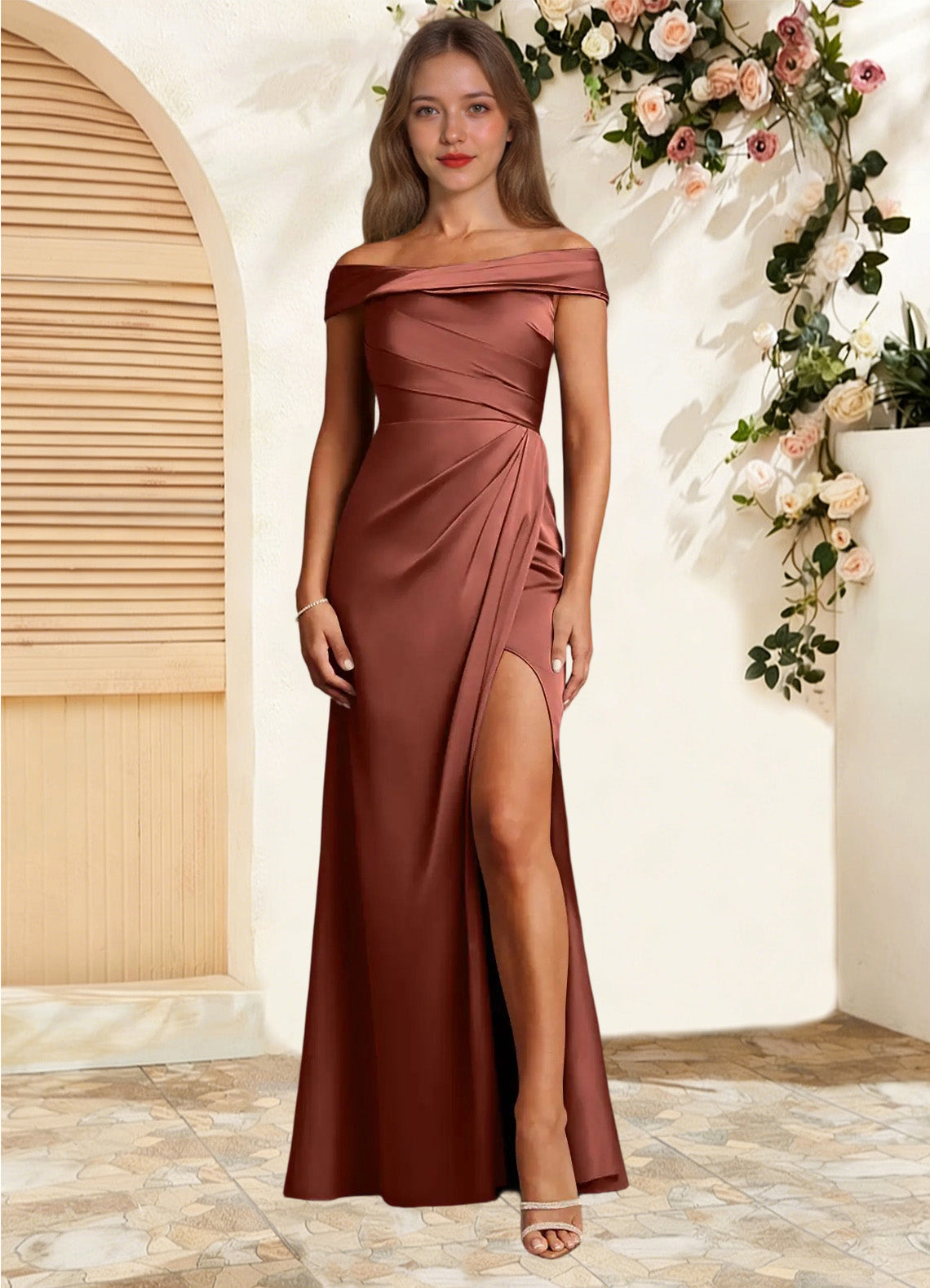 Augday Bedford Sheath Pleated Stretch Satin Dress