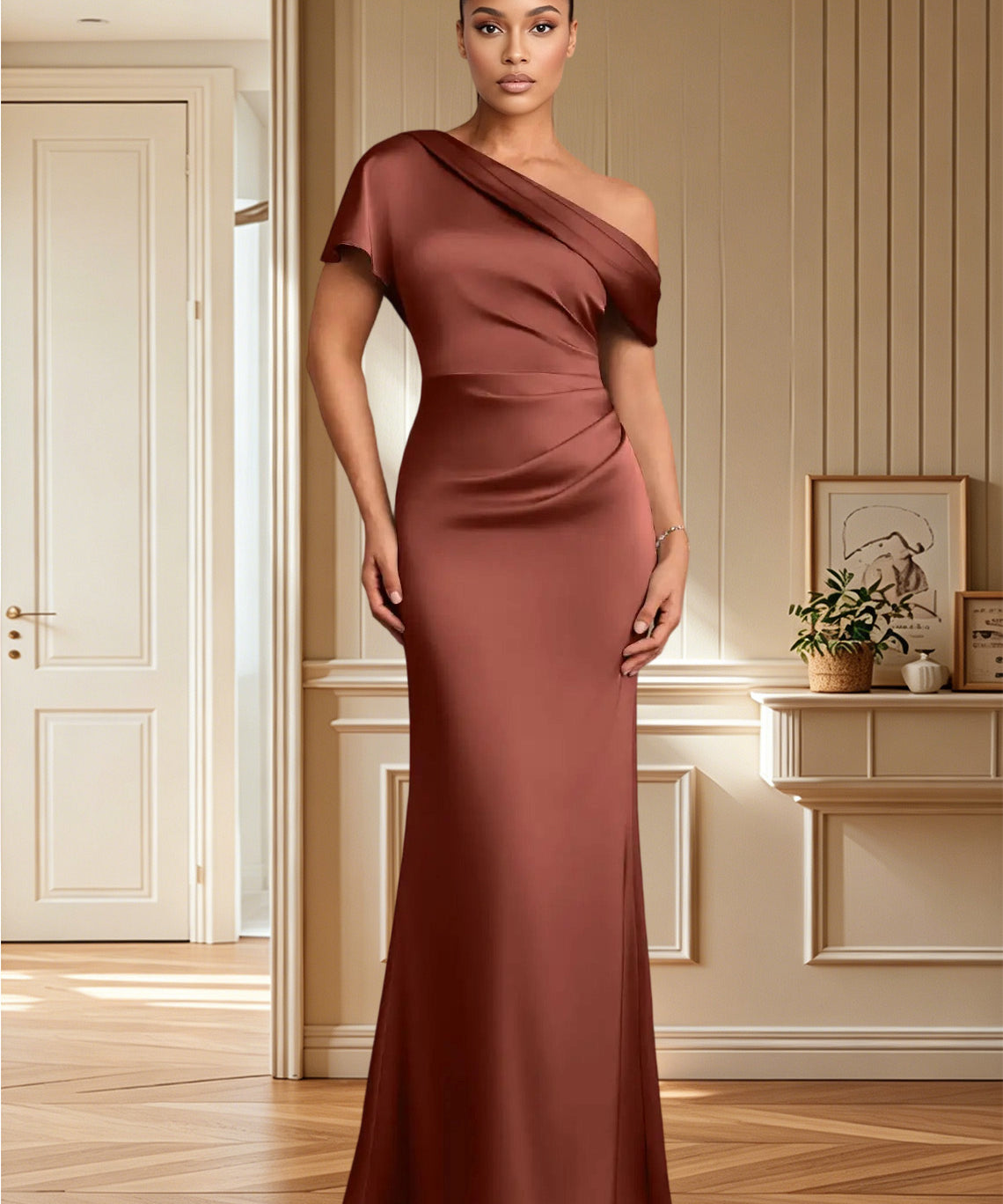 Augday Rutha Sheath One Shoulder Stretch Satin Dress