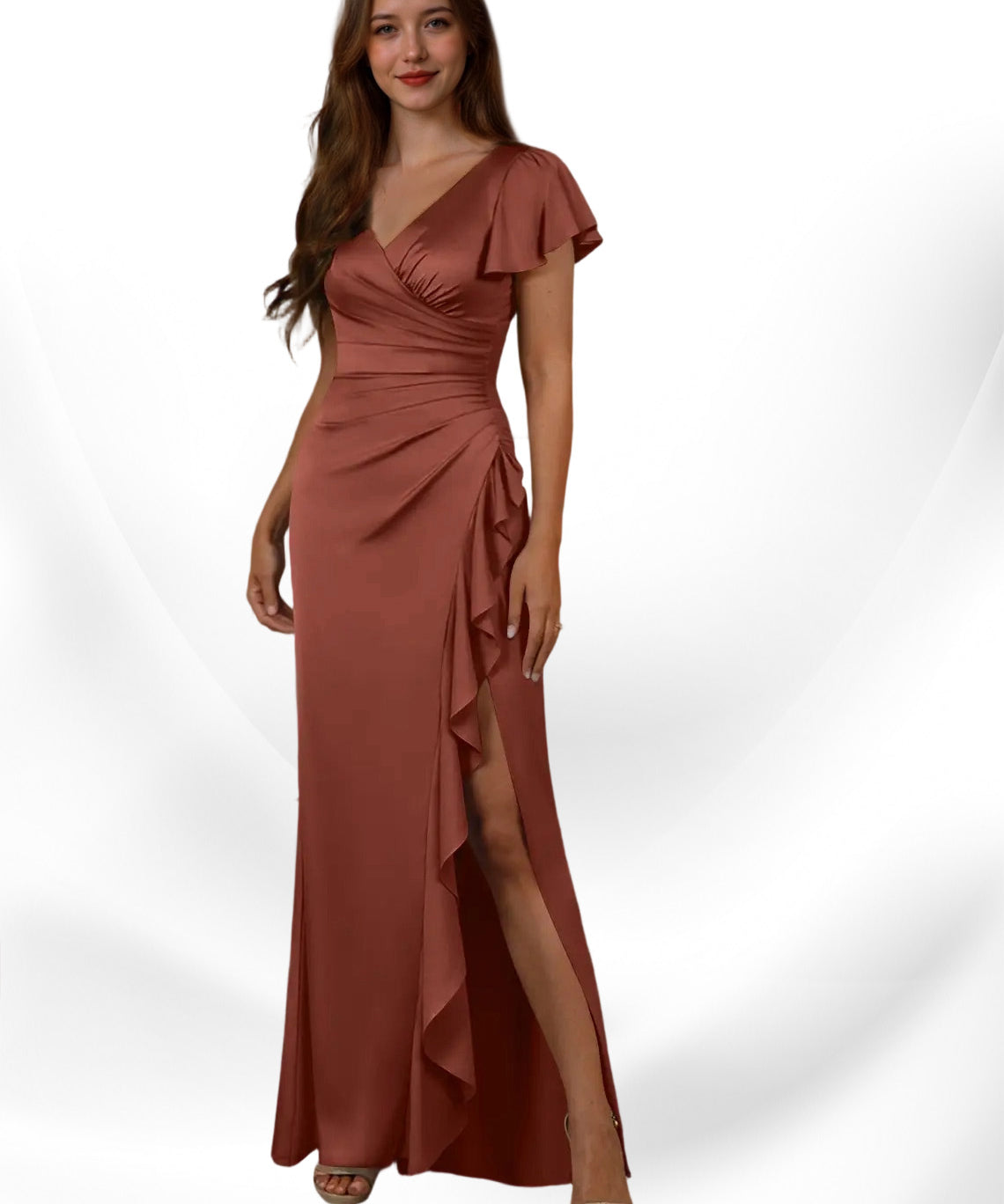 Augday Roya Mermaid V-Neck Pleated Stretch Satin