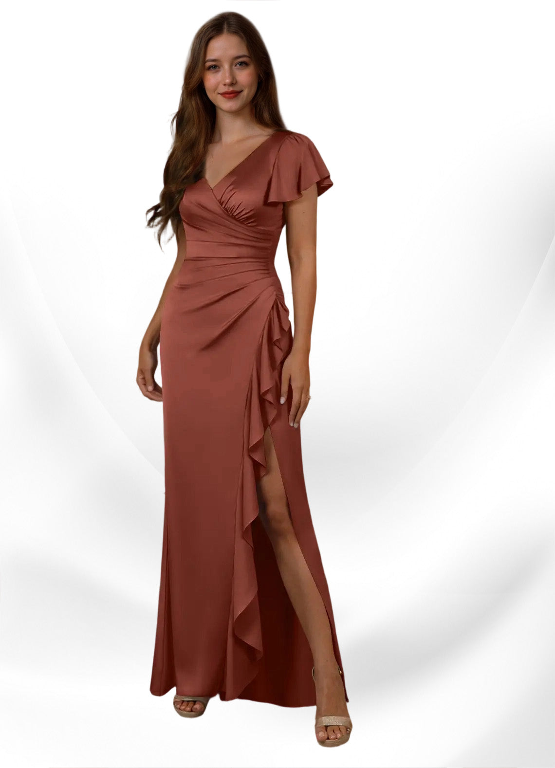 Augday Roya Mermaid V-Neck Pleated Stretch Satin