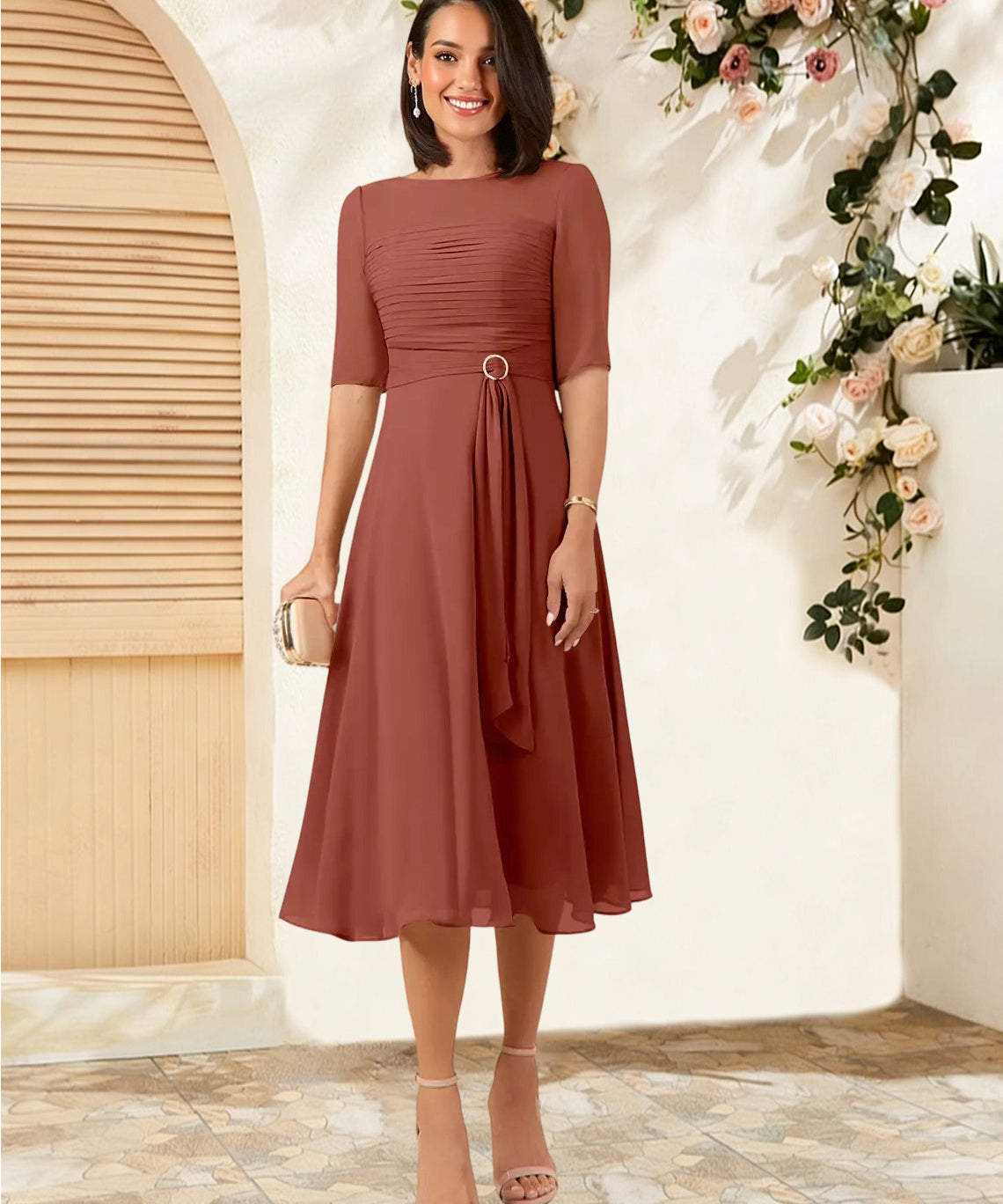Augday Naomi A-Line Boatneck Pleated Chiffon Dress