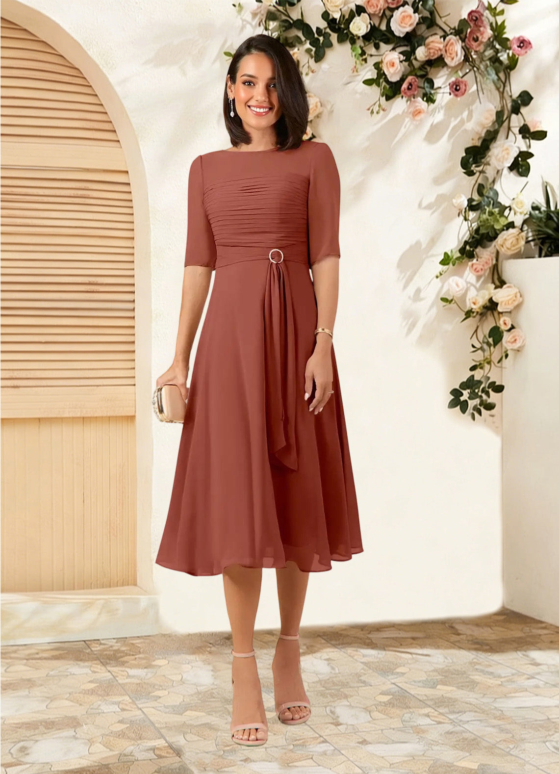 Augday Naomi A-Line Boatneck Pleated Chiffon Dress