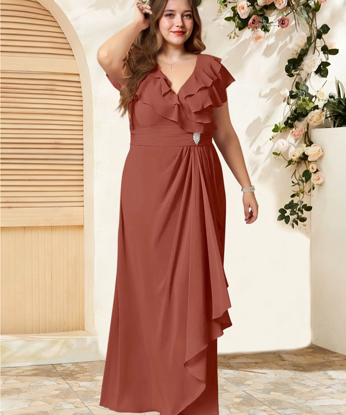 Augday Snapdragon A-Line V-Neck Ruched Chiffon Dress