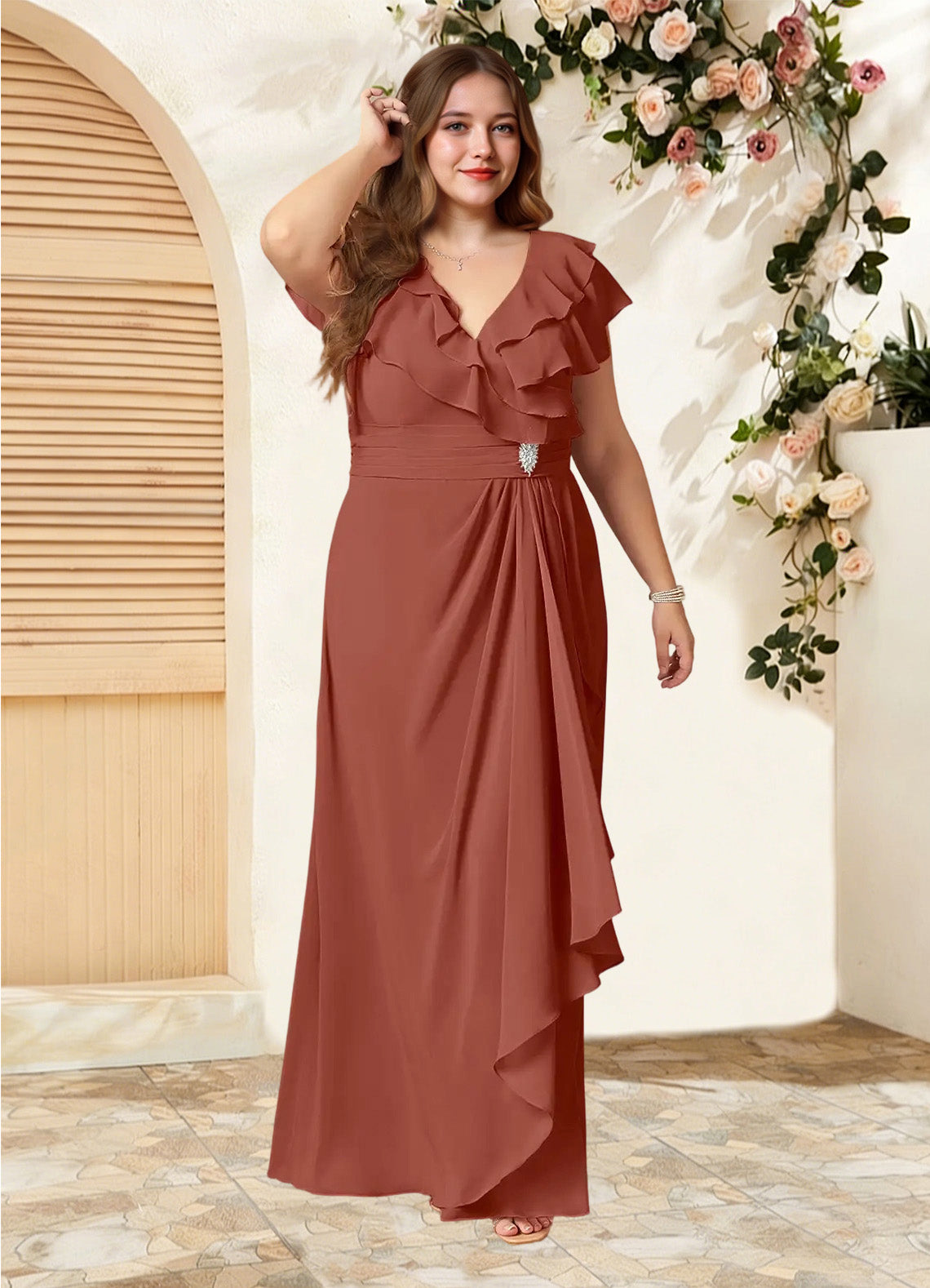 Augday Snapdragon A-Line V-Neck Ruched Chiffon Dress
