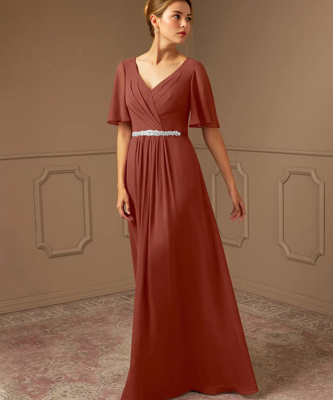 Augday A-Line V-Neck Pleated Chiffon Dress
