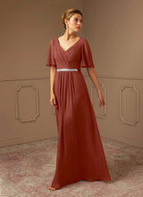 Augday A-Line V-Neck Pleated Chiffon Dress