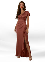 Augday Roya Mermaid V-Neck Pleated Stretch Satin Dress
