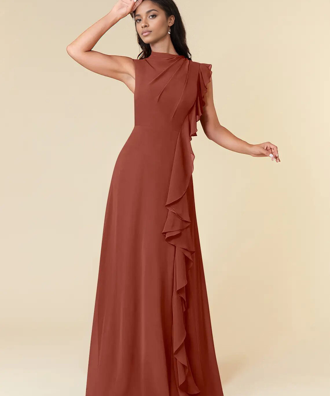 Augday A-Line High Neckline Pleated Chiffon Dress