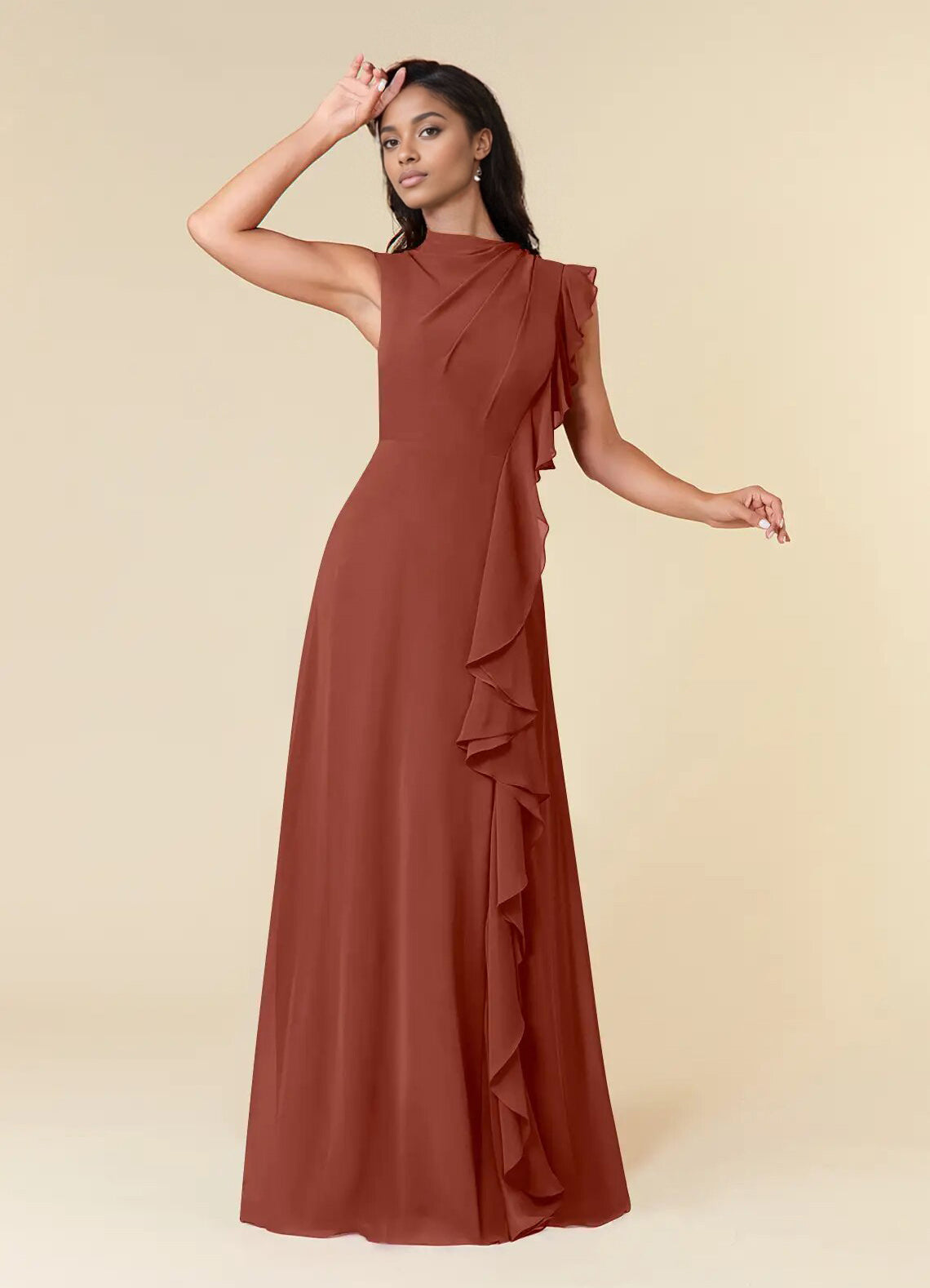 Augday A-Line High Neckline Pleated Chiffon Dress