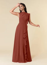 Augday A-Line High Neckline Pleated Chiffon Dress