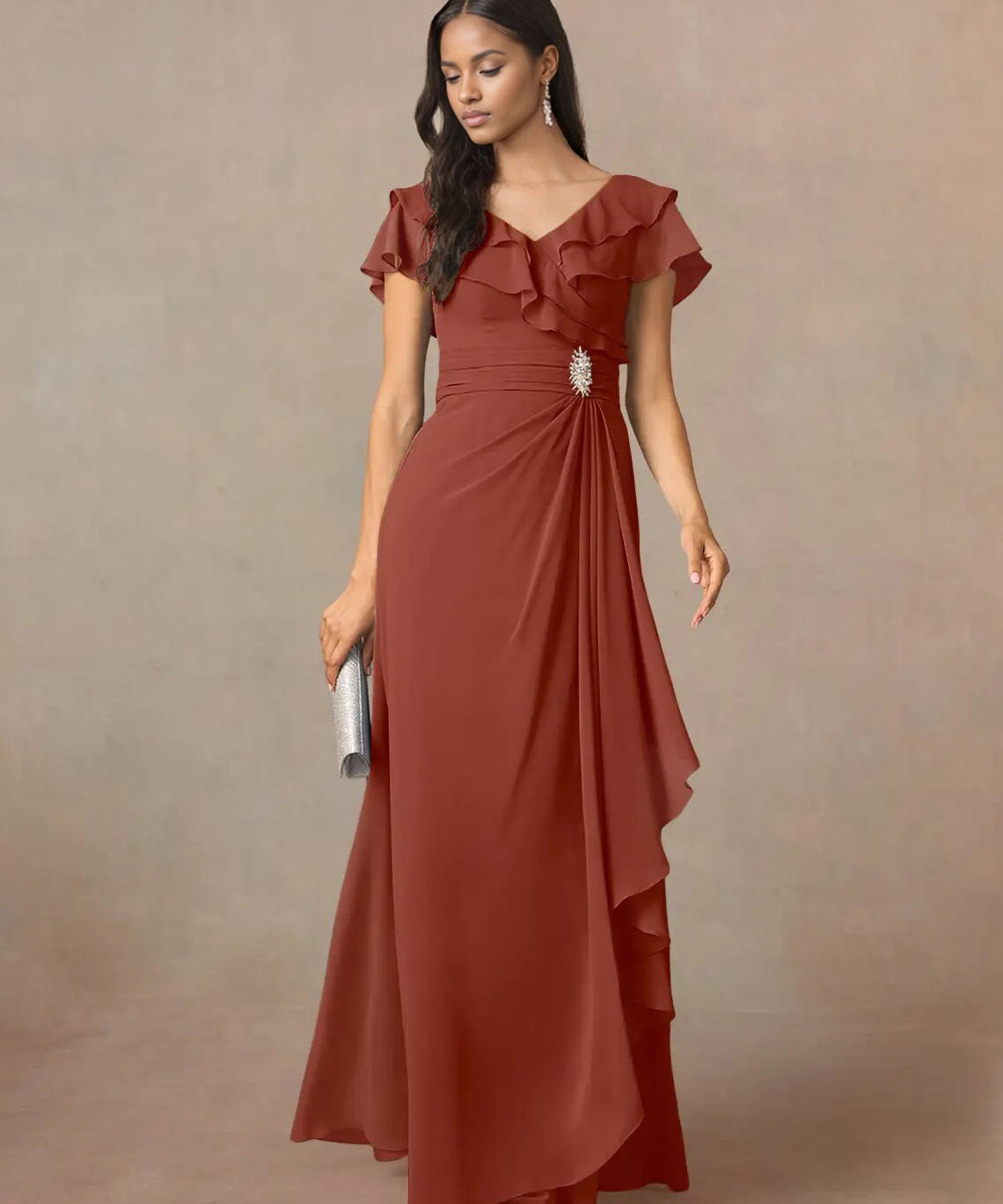 Augday A-Line V-Neck Ruched Chiffon Dress