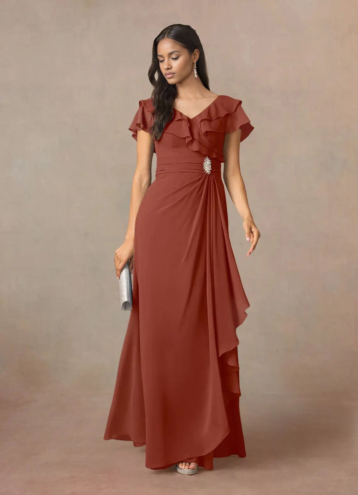 Augday A-Line V-Neck Ruched Chiffon Dress