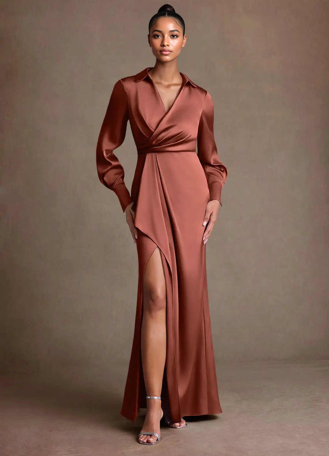 Augday Jacinta Sheath Pleated Stretch Satin Dress