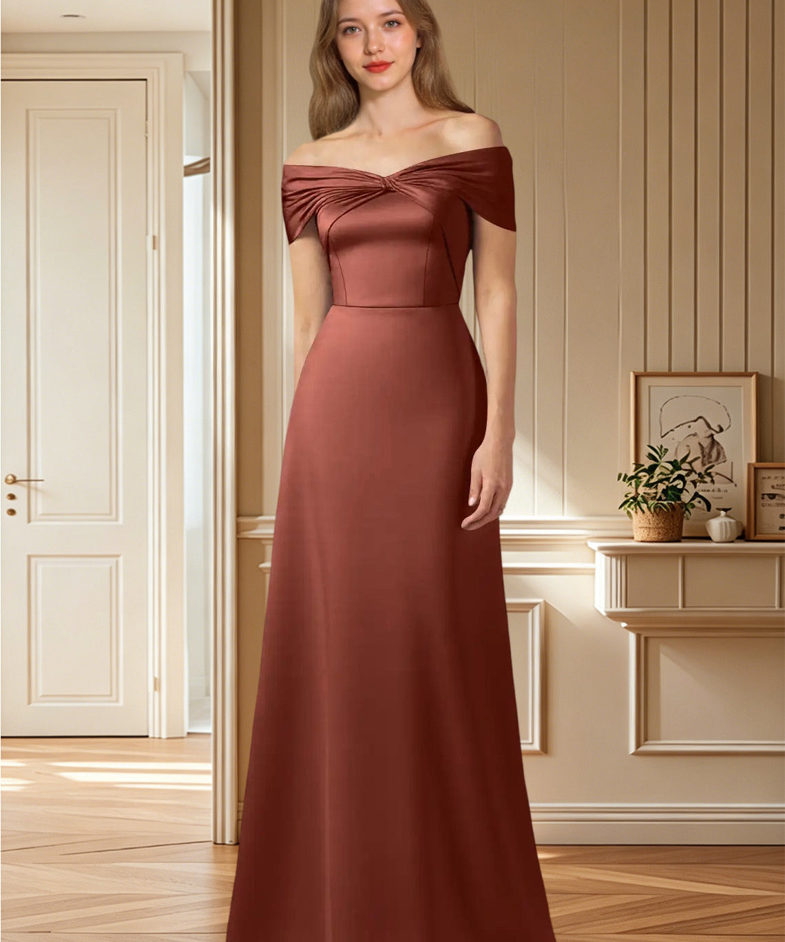 Augday Amelia A-Line Off the Shoulder Stretch Satin Dress