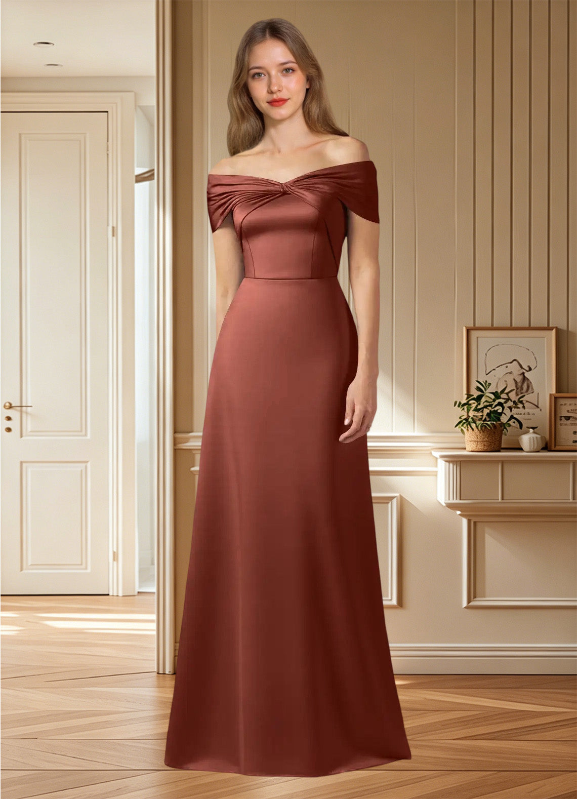 Augday Amelia A-Line Off the Shoulder Stretch Satin Dress