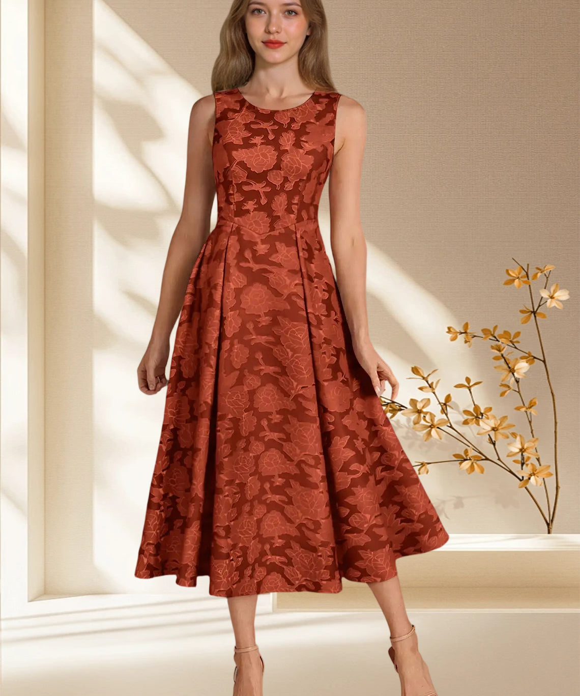 Augday Fulton A-Line Pleated Floral Burnout Dress
