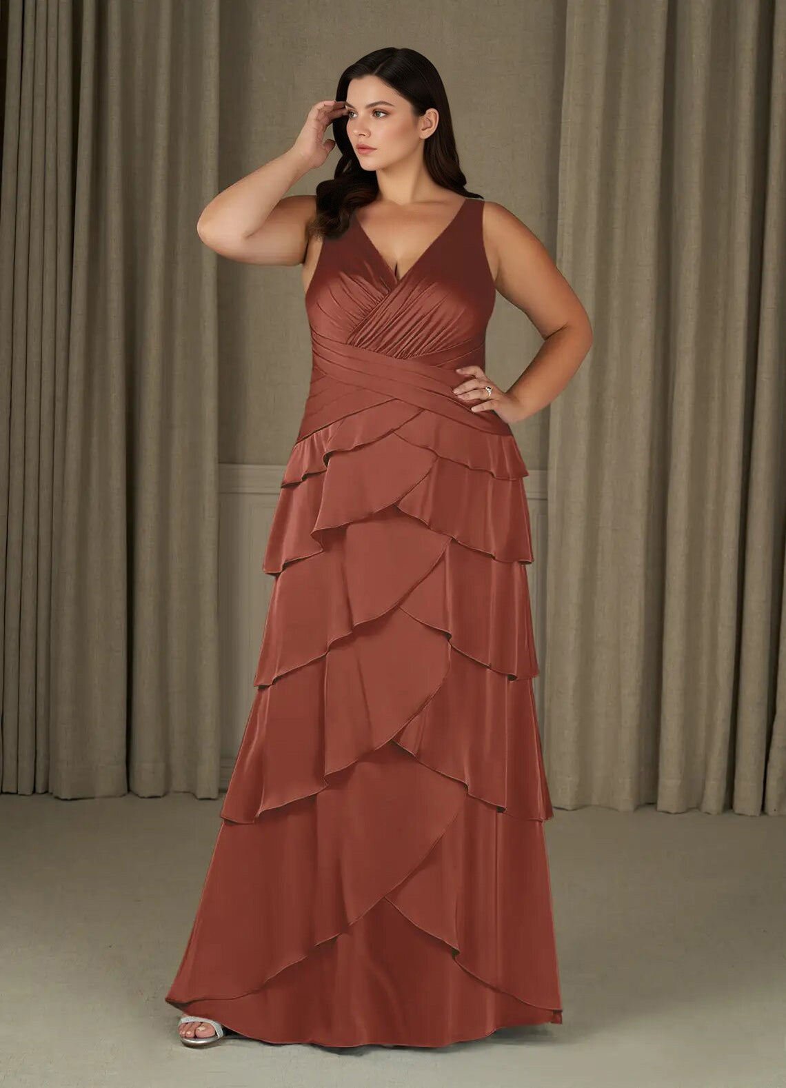 Augday Viola A-Line Pleated Stretch Satin Dress Plus Size