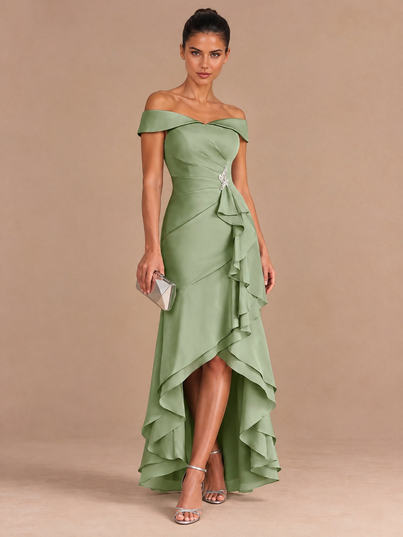 Augday Evaly Off-the-Shoulder High-Low Satin Evening Dress