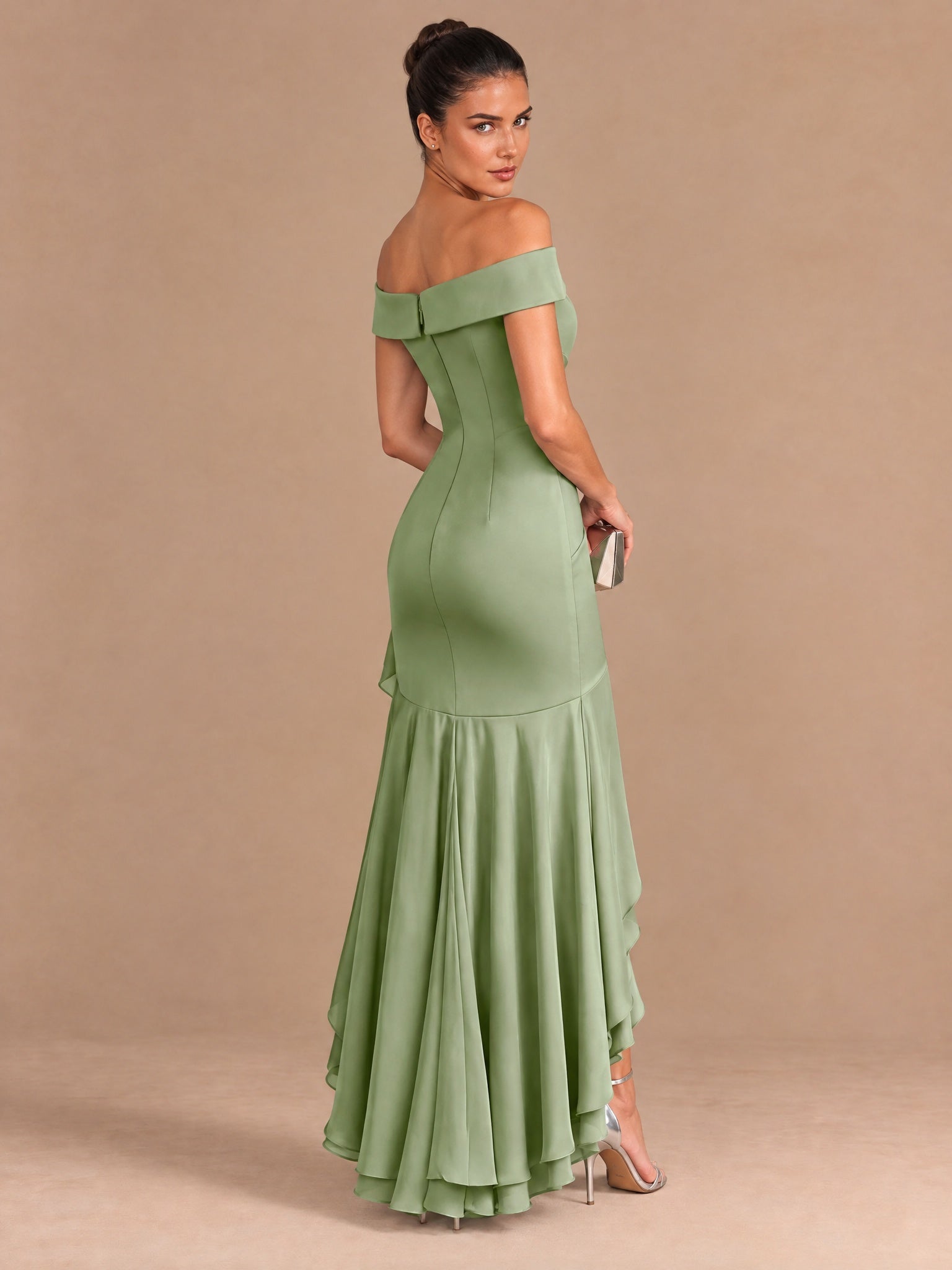 Augday Evaly Off-the-Shoulder High-Low Satin Evening Dress