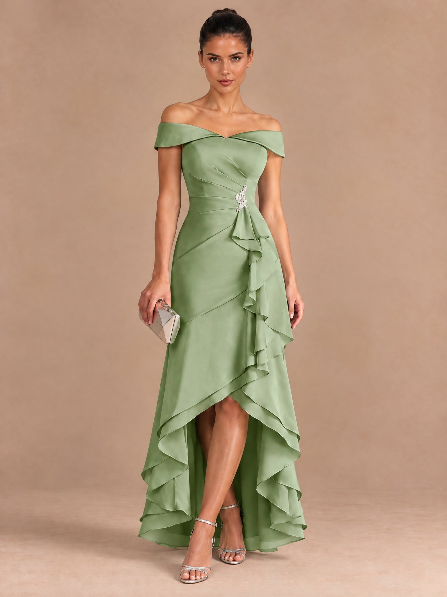 Augday Evaly Off-the-Shoulder High-Low Satin Evening Dress