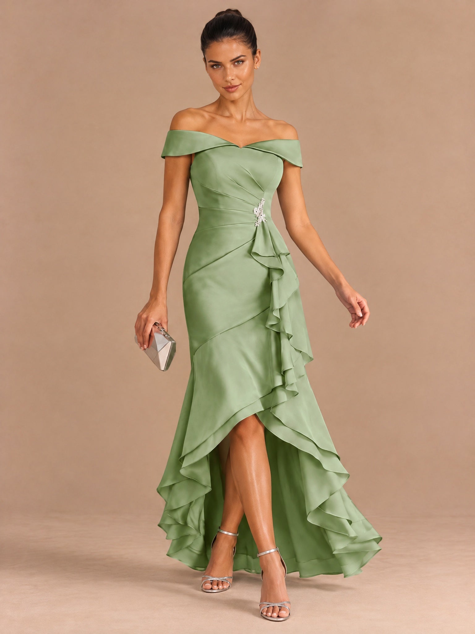 Augday Evaly Off-the-Shoulder High-Low Satin Evening Dress