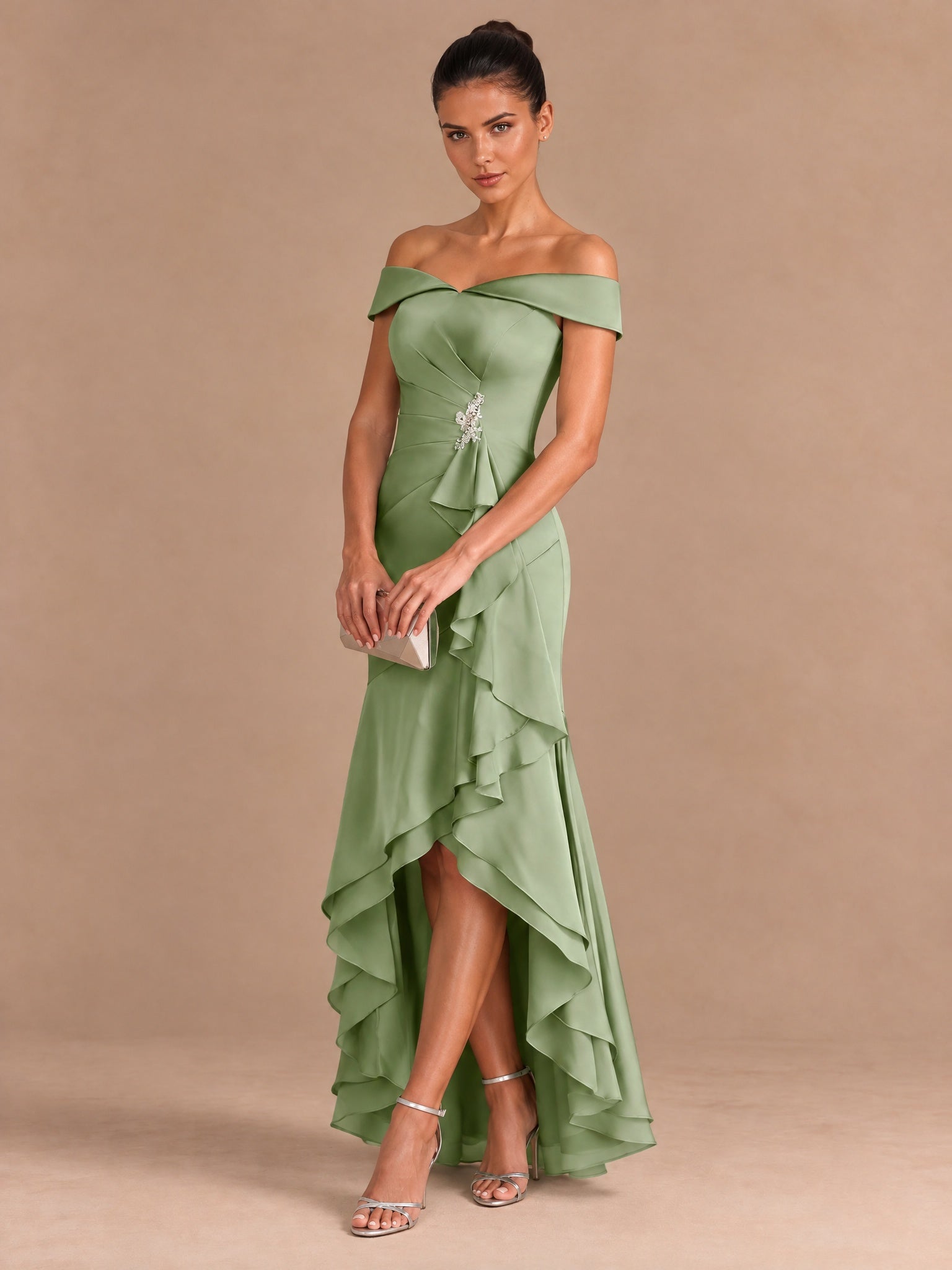 Augday Evaly Off-the-Shoulder High-Low Satin Evening Dress