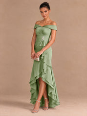 Augday Evaly Off-the-Shoulder High-Low Satin Evening Dress