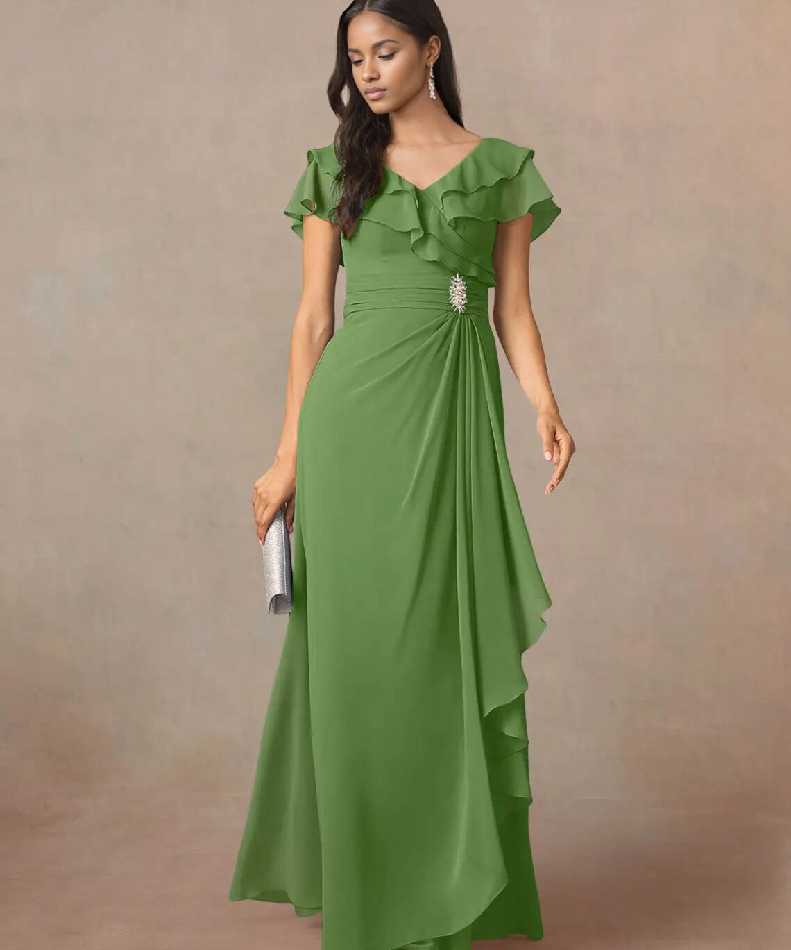 Augday A-Line V-Neck Ruched Chiffon Dress