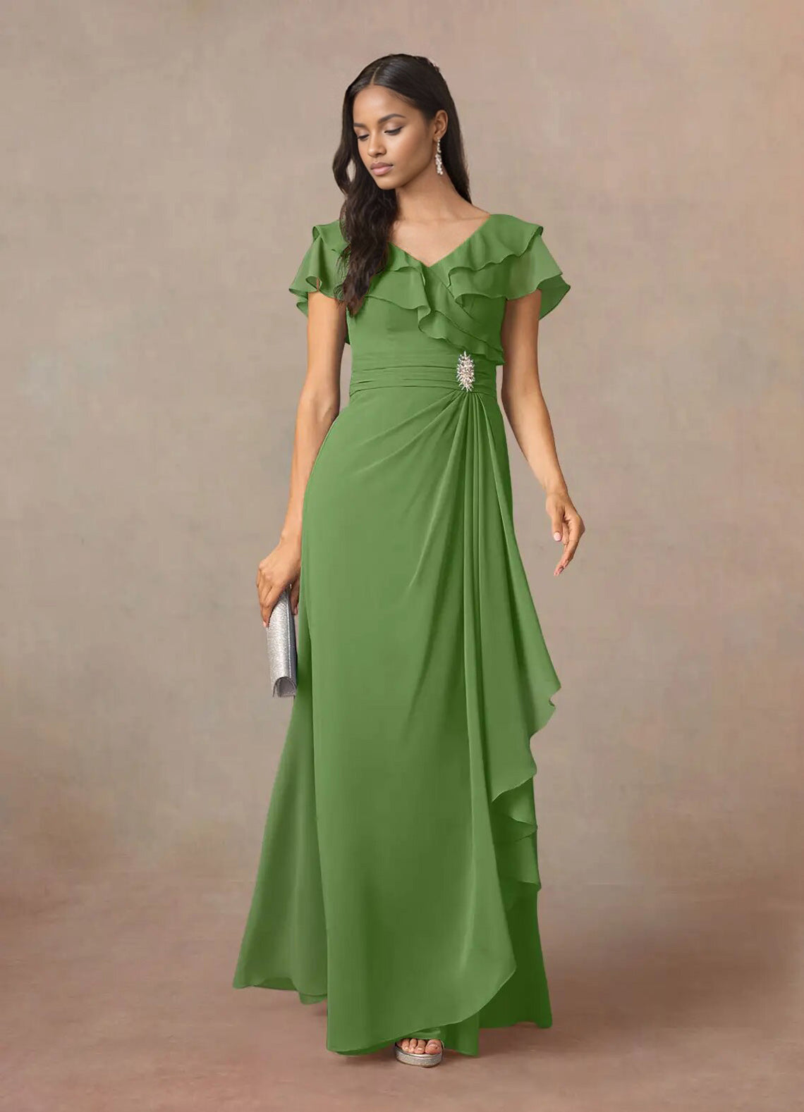 Augday A-Line V-Neck Ruched Chiffon Dress