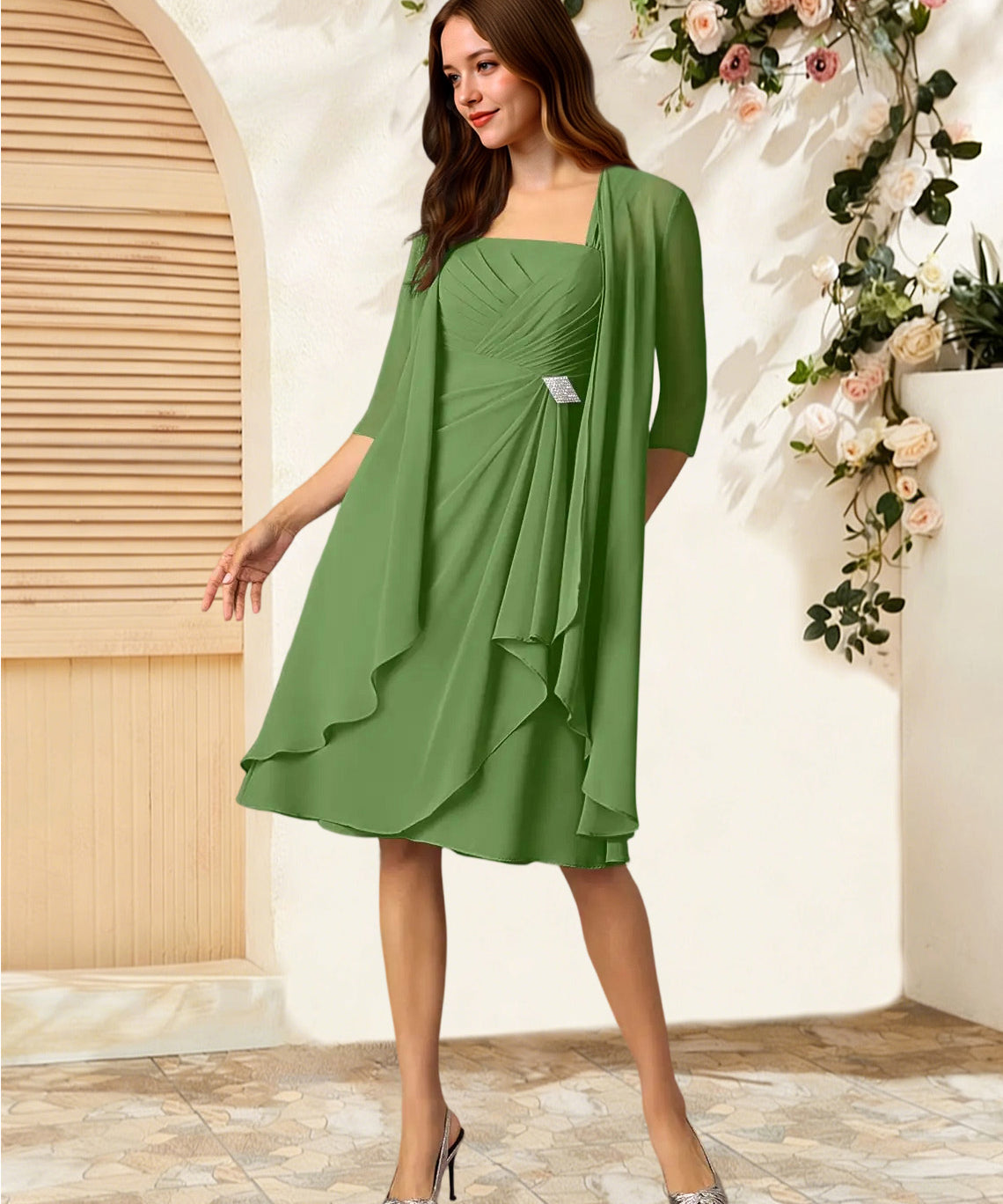 Augday Olivia A-Line Square Neckline Pleated Chiffon Dress