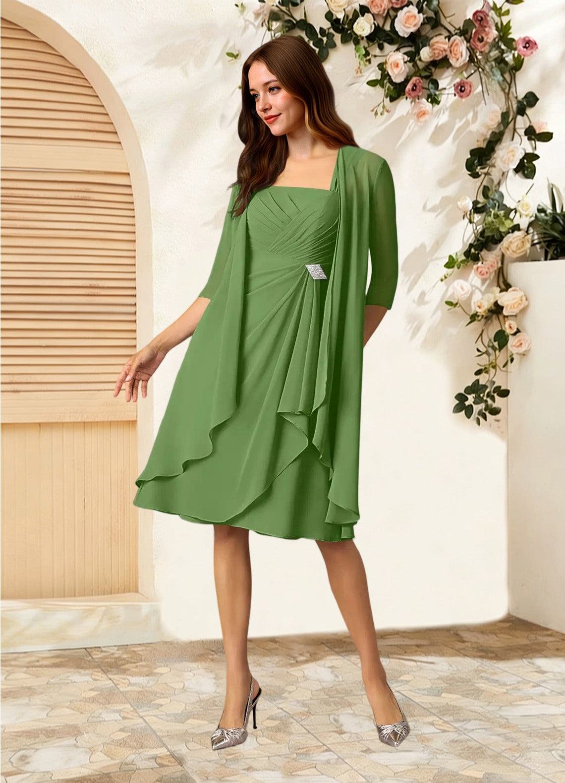 Augday Olivia A-Line Square Neckline Pleated Chiffon Dress