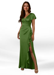 Augday Roya Mermaid V-Neck Pleated Stretch Satin Dress