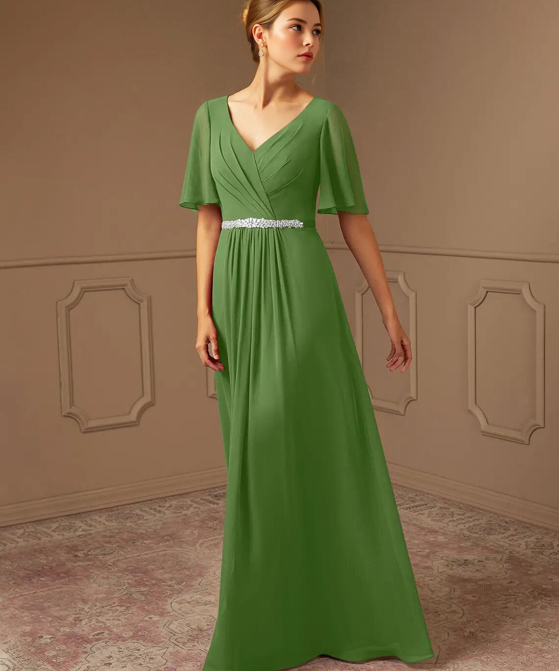Augday A-Line V-Neck Pleated Chiffon Dress