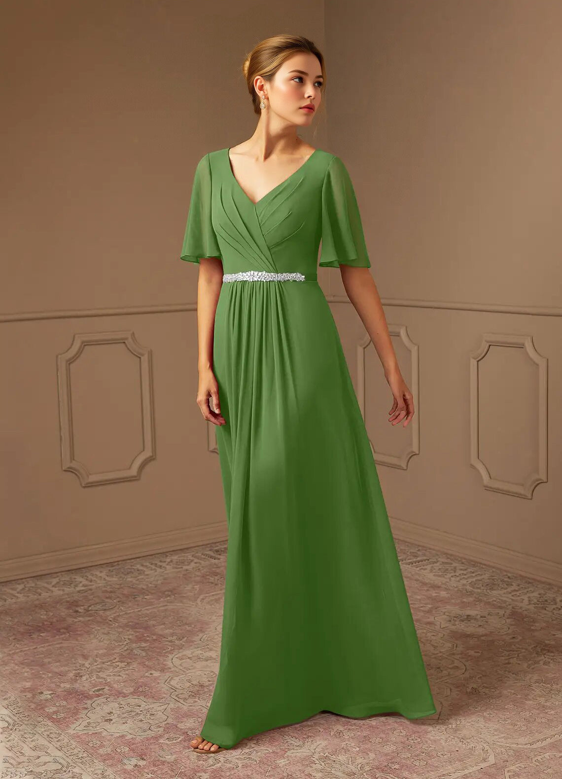 Augday A-Line V-Neck Pleated Chiffon Dress